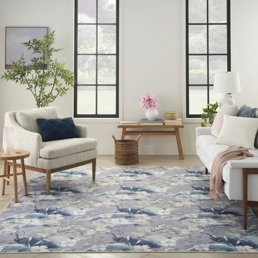 5' X 7' Ivory Blue and Gray Floral Power Loom Washable Non Skid Area Rug Photo 6