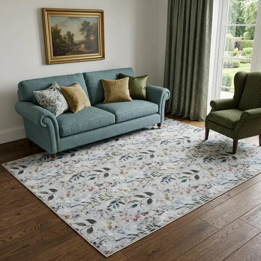 5' X 7' Ivory Blue and Gray Floral Power Loom Washable Non Skid Area Rug Photo 1