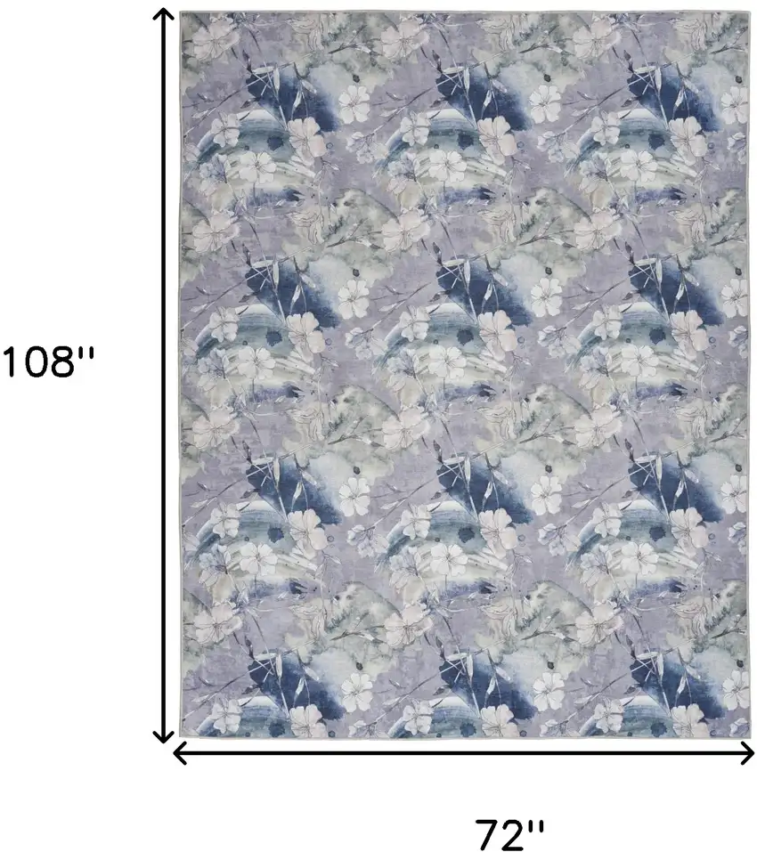 Ivory Blue and Gray Floral Power Loom Washable Non Skid Area Rug Photo 9