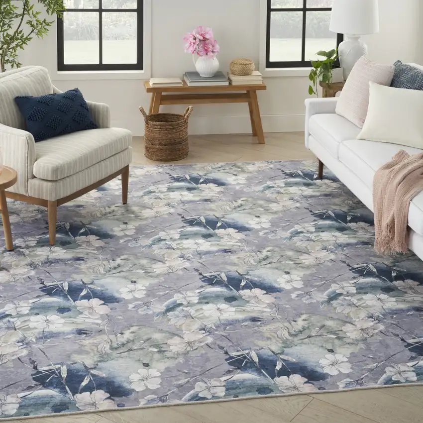 Ivory Blue and Gray Floral Power Loom Washable Non Skid Area Rug Photo 7