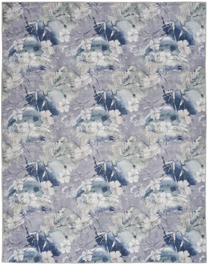 Ivory Blue and Gray Floral Power Loom Washable Non Skid Area Rug Photo 4