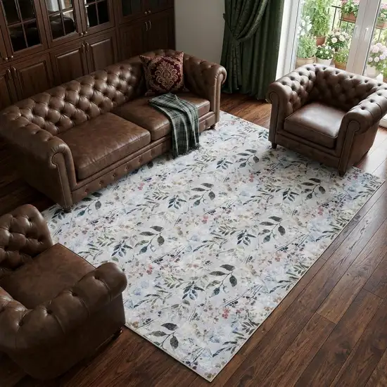Ivory Blue and Gray Floral Power Loom Washable Non Skid Area Rug Photo 1