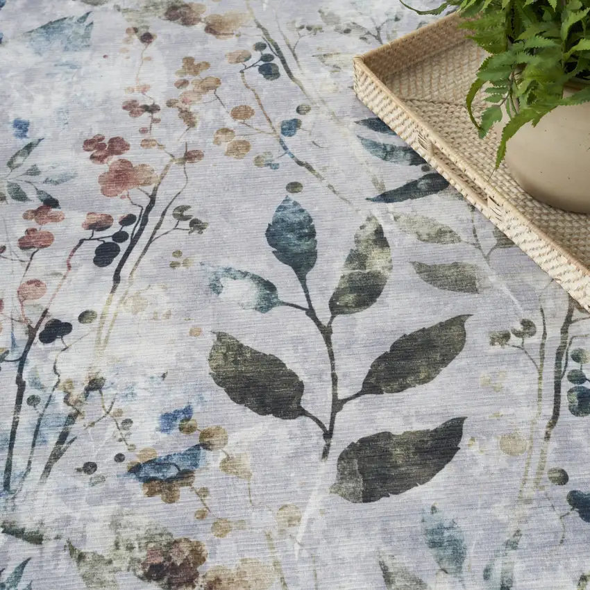 Ivory Blue and Gray Floral Power Loom Washable Non Skid Area Rug Photo 9