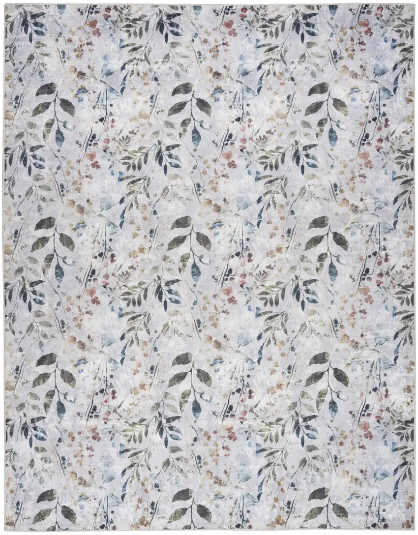 Ivory Blue and Gray Floral Power Loom Washable Non Skid Area Rug Photo 1