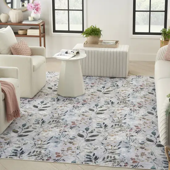 Ivory Blue and Gray Floral Power Loom Washable Non Skid Area Rug Photo 5