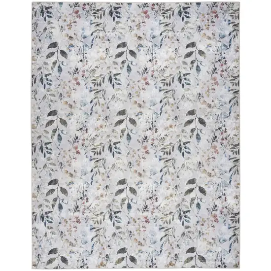 Ivory Blue and Gray Floral Power Loom Washable Non Skid Area Rug Photo 2