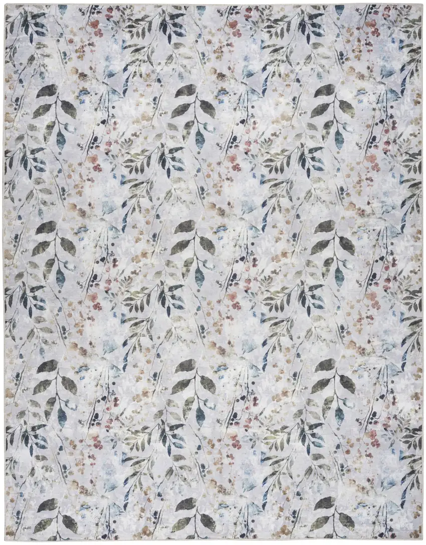 Ivory Blue and Gray Floral Power Loom Washable Non Skid Area Rug Photo 2