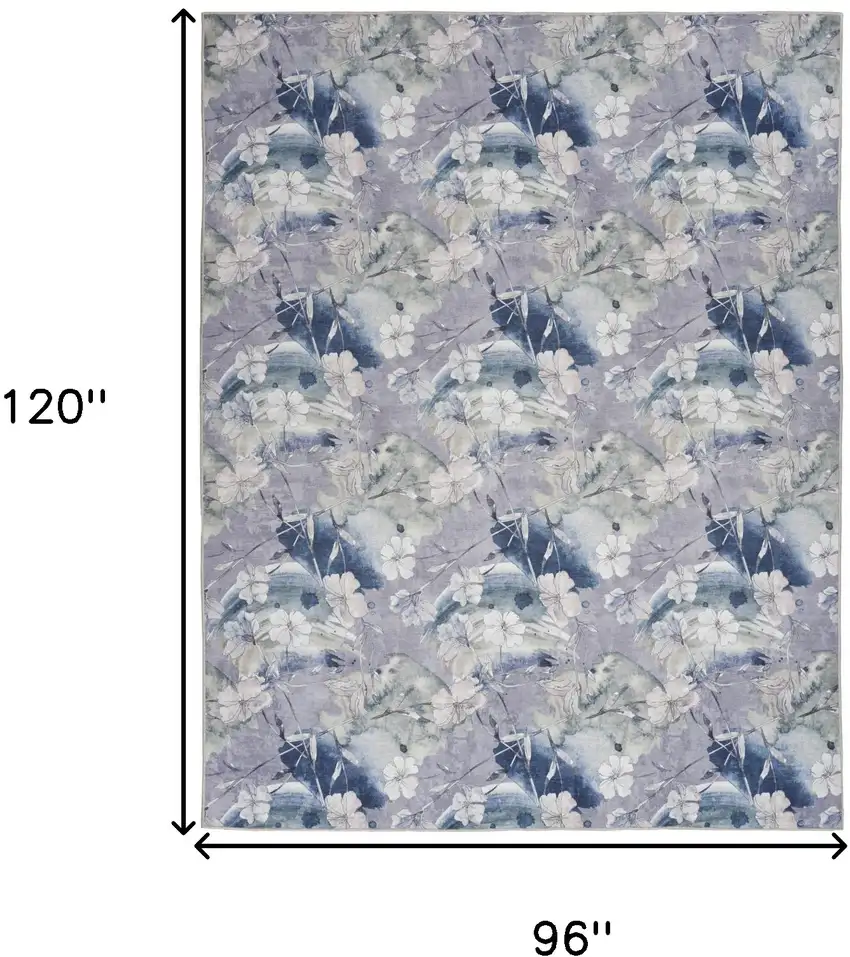 Ivory Blue and Gray Floral Power Loom Washable Non Skid Area Rug Photo 9