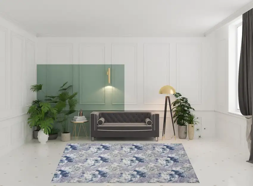 Ivory Blue and Gray Floral Power Loom Washable Non Skid Area Rug Photo 3