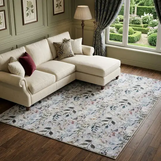 Ivory Blue and Gray Floral Power Loom Washable Non Skid Area Rug Photo 1