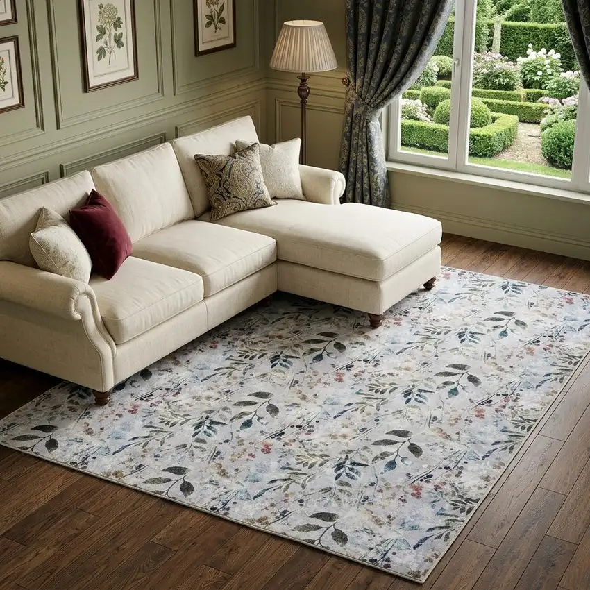 Ivory Blue and Gray Floral Power Loom Washable Non Skid Area Rug Photo 1