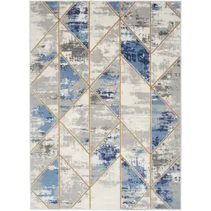 Photo of Ivory Blue and Gray Geometric Non Skid Area Rug