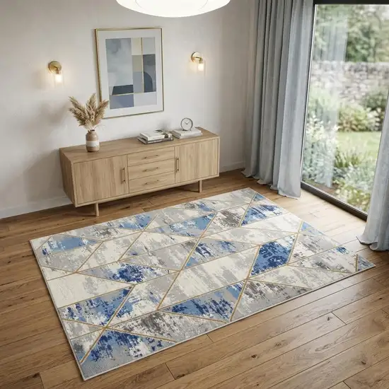 Ivory Blue and Gray Geometric Non Skid Area Rug Photo 1