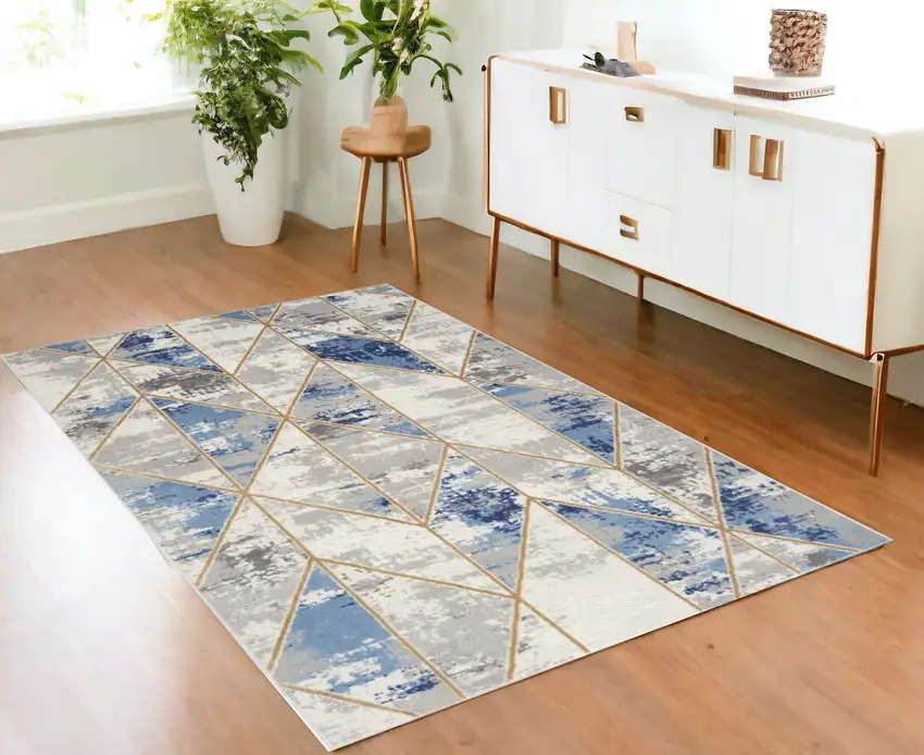 Ivory Blue and Gray Geometric Non Skid Area Rug Photo 2