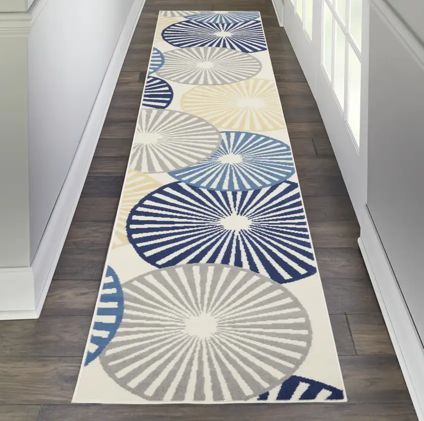 Ivory Blue and Gray Geometric Power Loom Runner Rug Photo 9