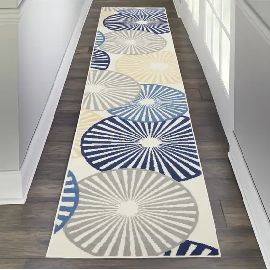 12' Ivory Blue And Gray Geometric Runner Rug Photo 4