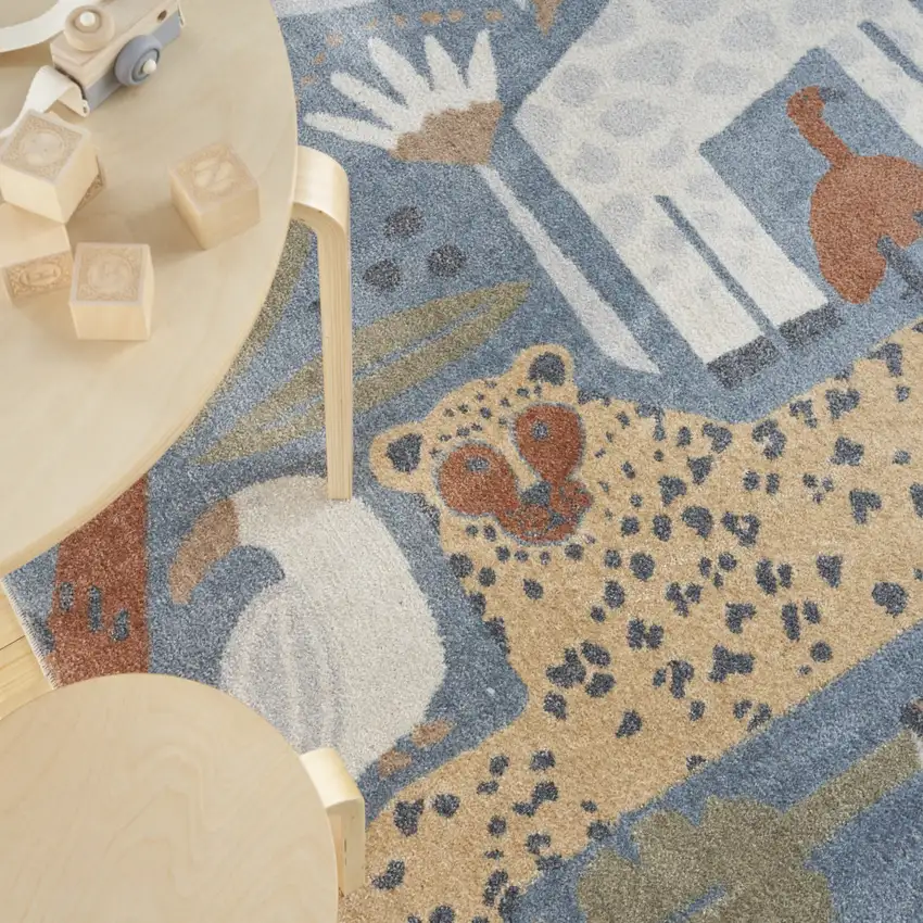 Ivory Blue and Gray Kids Jungle Animal Print Washable Area Rug Photo 6