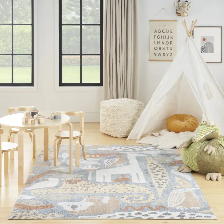 Ivory Blue and Gray Kids Jungle Animal Print Washable Area Rug Photo 8