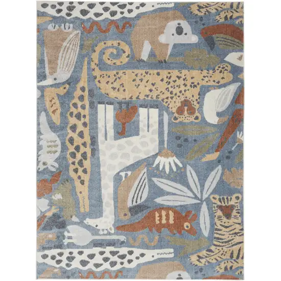 5' X 7' Ivory Blue and Gray Kids Jungle Animal Print Washable Area Rug Photo 1