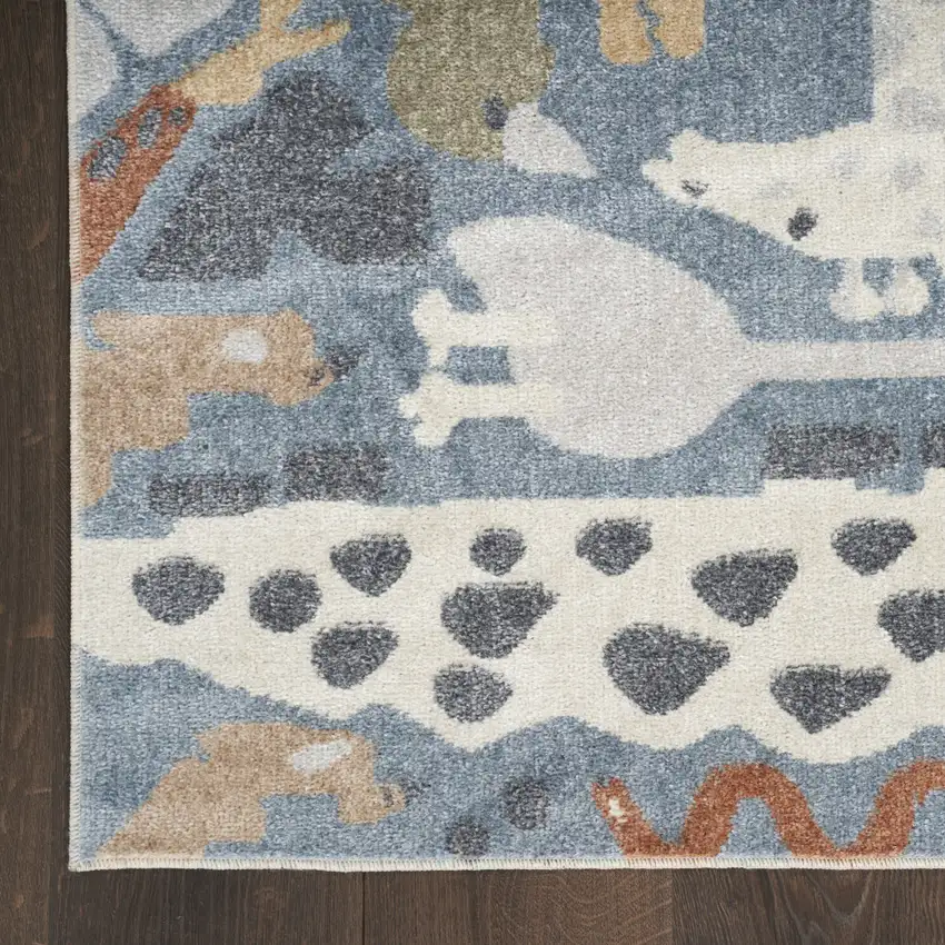 5' X 7' Ivory Blue and Gray Kids Jungle Animal Print Washable Area Rug Photo 8