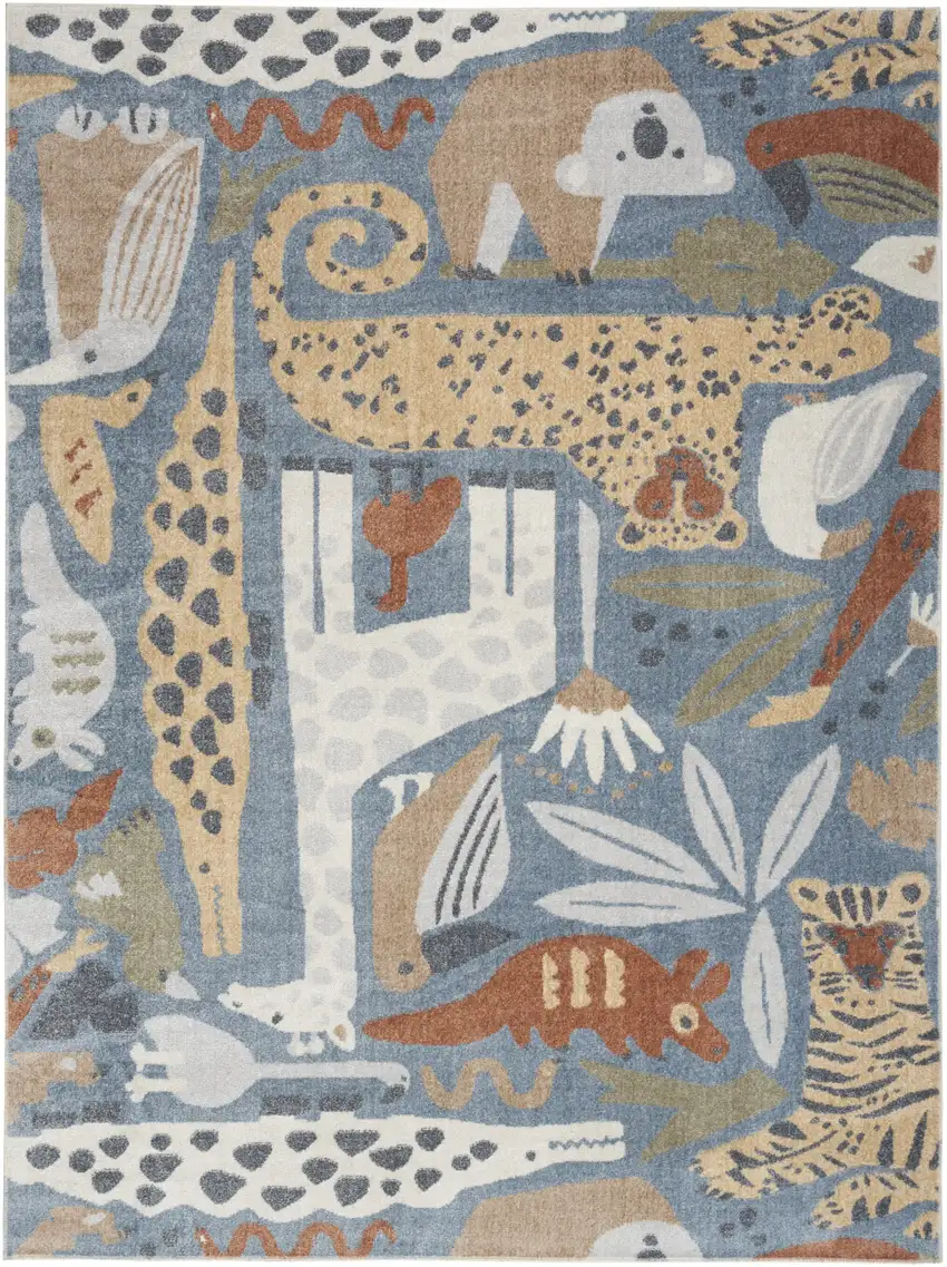 Ivory Blue and Gray Kids Jungle Animal Print Washable Area Rug Photo 1