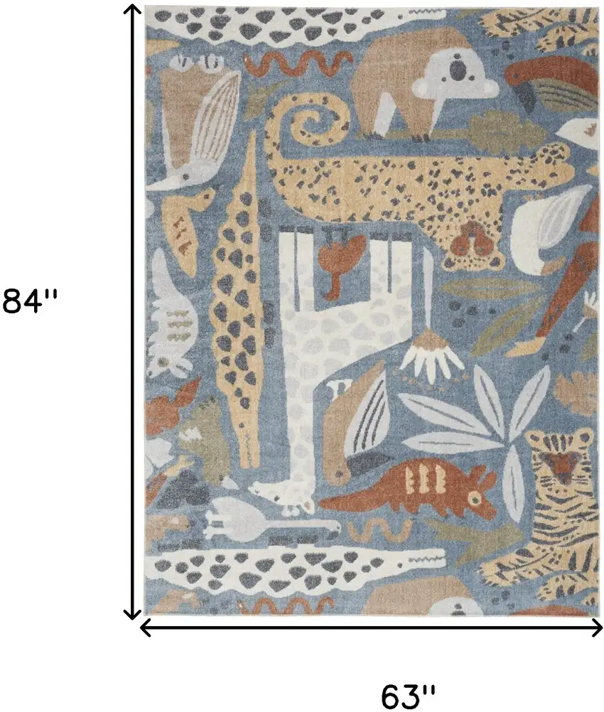 5' X 7' Ivory Blue and Gray Kids Jungle Animal Print Washable Area Rug Photo 7