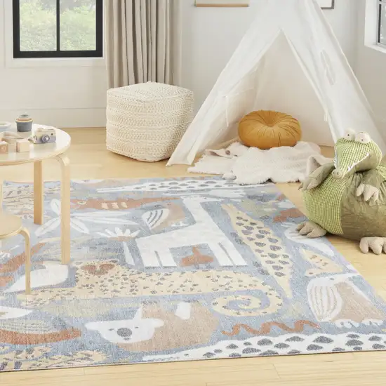 5' X 7' Ivory Blue and Gray Kids Jungle Animal Print Washable Area Rug Photo 4