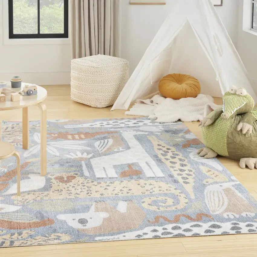5' X 7' Ivory Blue and Gray Kids Jungle Animal Print Washable Area Rug Photo 4
