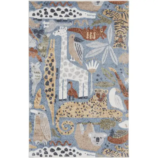 Ivory Blue and Gray Kids Safar Animal Print Washable Area Rug Photo 1