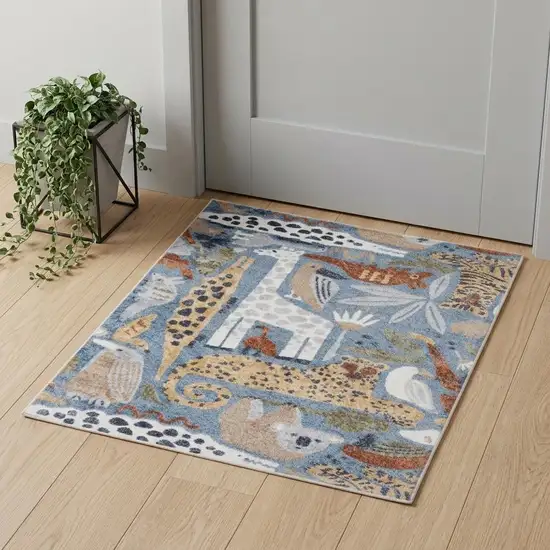 Ivory Blue and Gray Kids Safar Animal Print Washable Area Rug Photo 1
