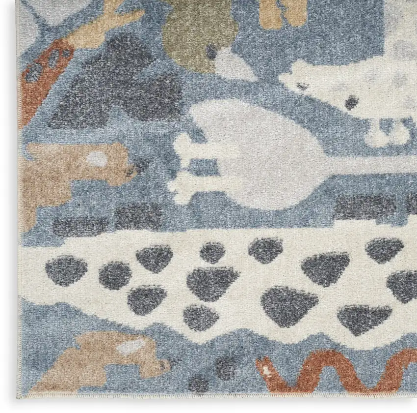 Ivory Blue and Gray Kids Safar Animal Print Washable Area Rug Photo 6