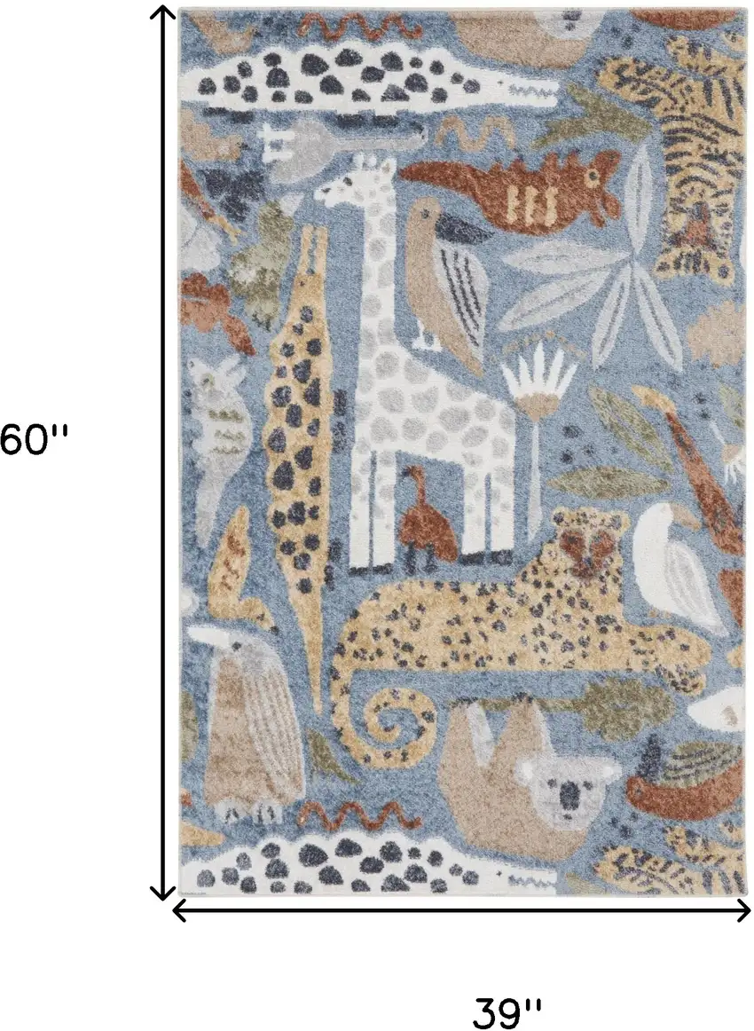 Ivory Blue and Gray Kids Safar Animal Print Washable Area Rug Photo 7