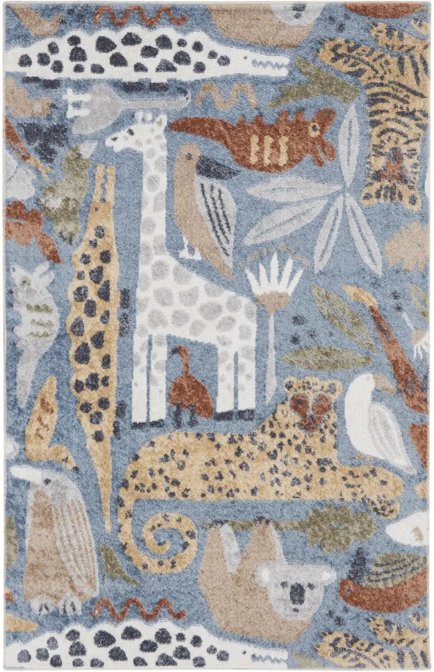 Ivory Blue and Gray Kids Safar Animal Print Washable Area Rug Photo 1