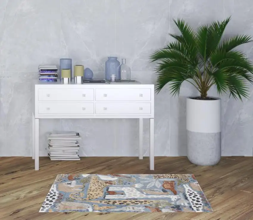 Ivory Blue and Gray Kids Safar Animal Print Washable Area Rug Photo 2