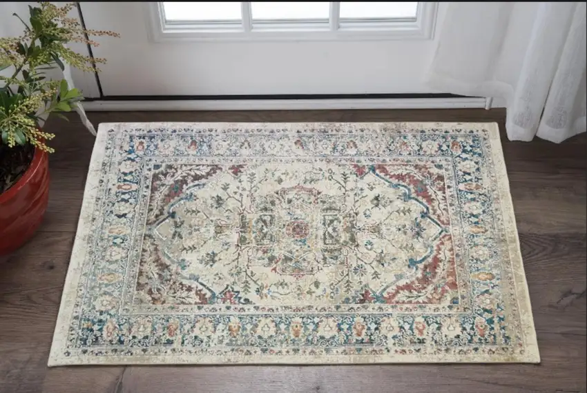 Ivory Blue and Gray Oriental Distressed Area Rug With Fringe Photo 1