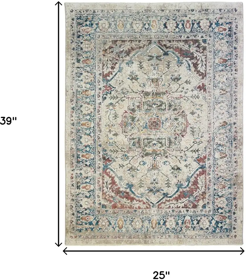 Ivory Blue and Gray Oriental Distressed Area Rug With Fringe Photo 5