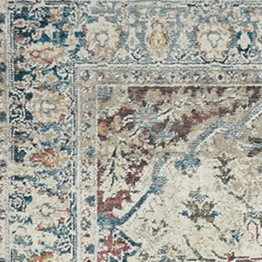 Ivory Blue and Gray Oriental Distressed Area Rug With Fringe Photo 6
