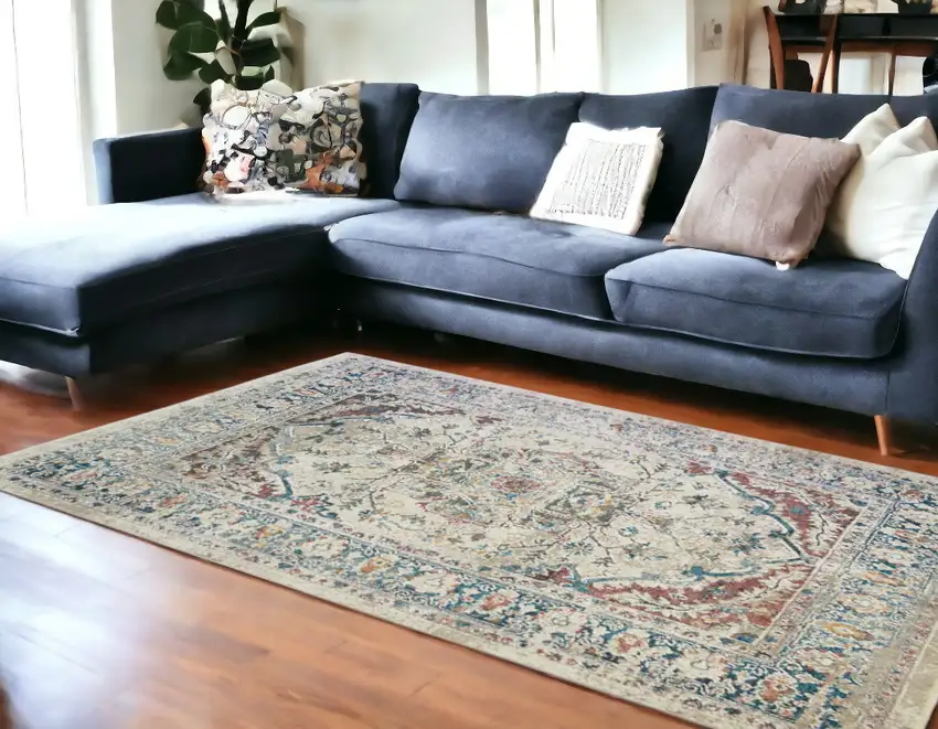 Ivory Blue and Gray Oriental Distressed Area Rug With Fringe Photo 1