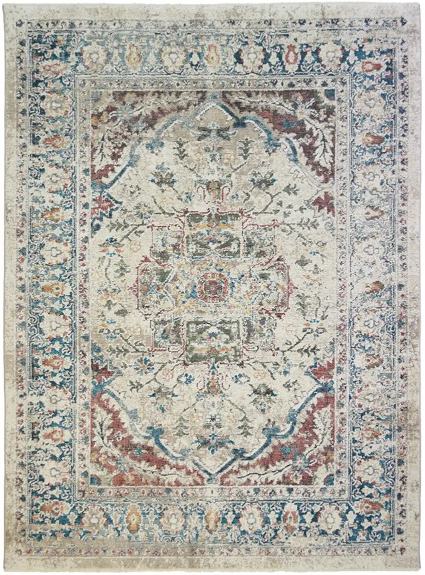 Ivory Blue and Gray Oriental Distressed Area Rug With Fringe Photo 2