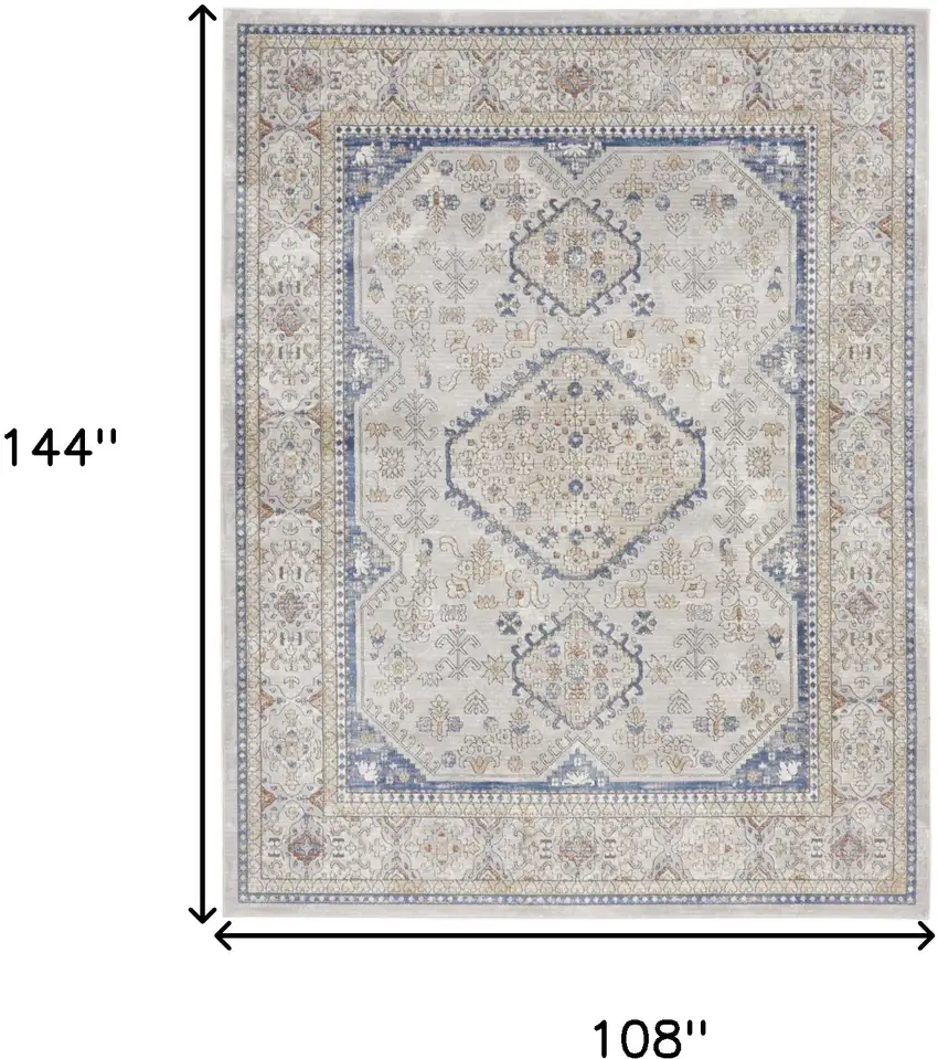 Ivory Blue and Gray Oriental Power Loom Area Rug Photo 10