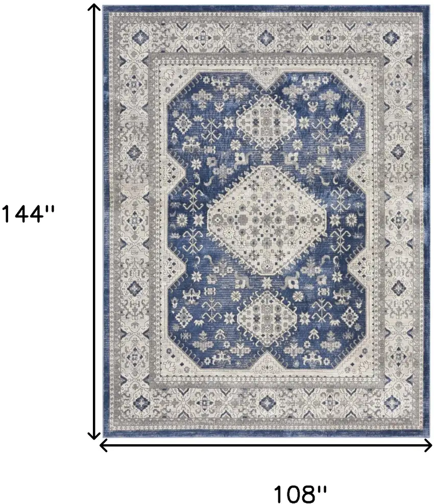 Ivory Blue and Gray Oriental Power Loom Area Rug Photo 10