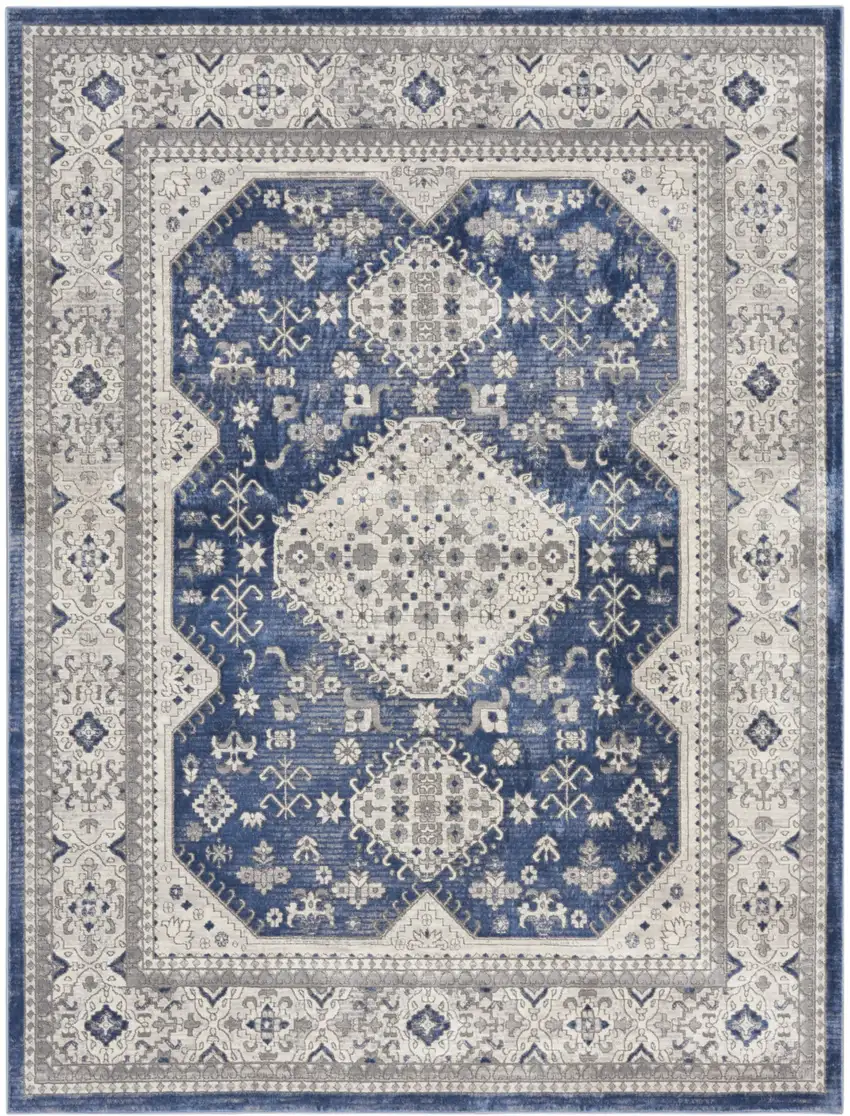 Ivory Blue and Gray Oriental Power Loom Area Rug Photo 1
