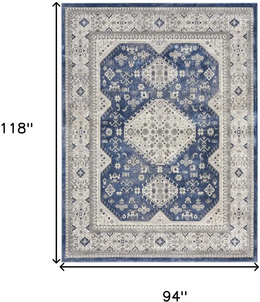 Ivory Blue and Gray Oriental Power Loom Area Rug Photo 3