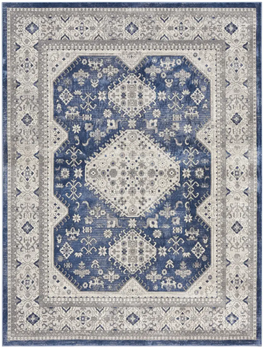 Ivory Blue and Gray Oriental Power Loom Area Rug Photo 2