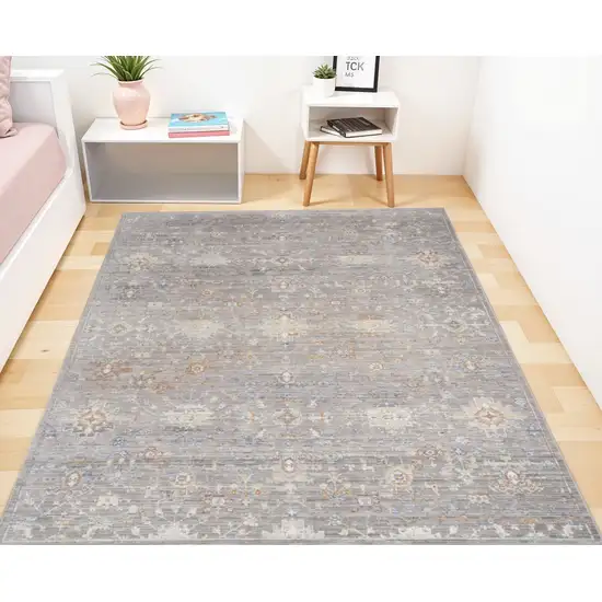 Ivory Blue and Gray Oriental Power Loom Distressed Area Rug With Fringe Photo 1
