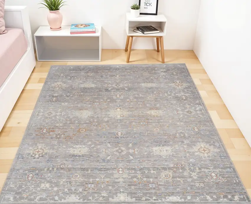 Ivory Blue and Gray Oriental Power Loom Distressed Area Rug With Fringe Photo 1