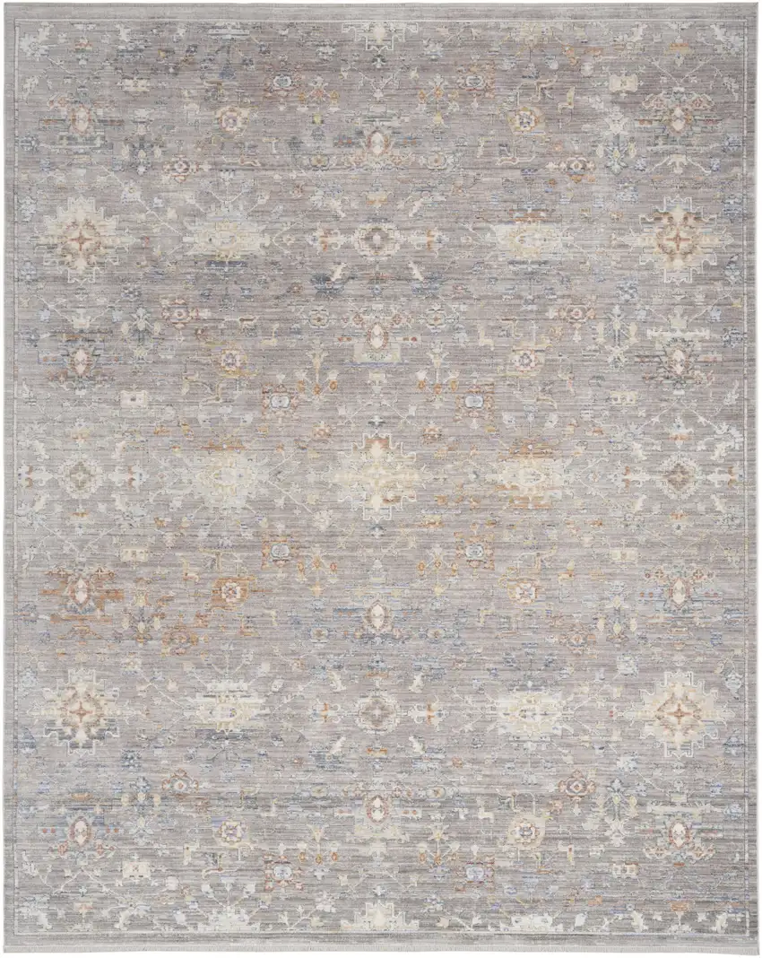 Ivory Blue and Gray Oriental Power Loom Distressed Area Rug With Fringe Photo 1