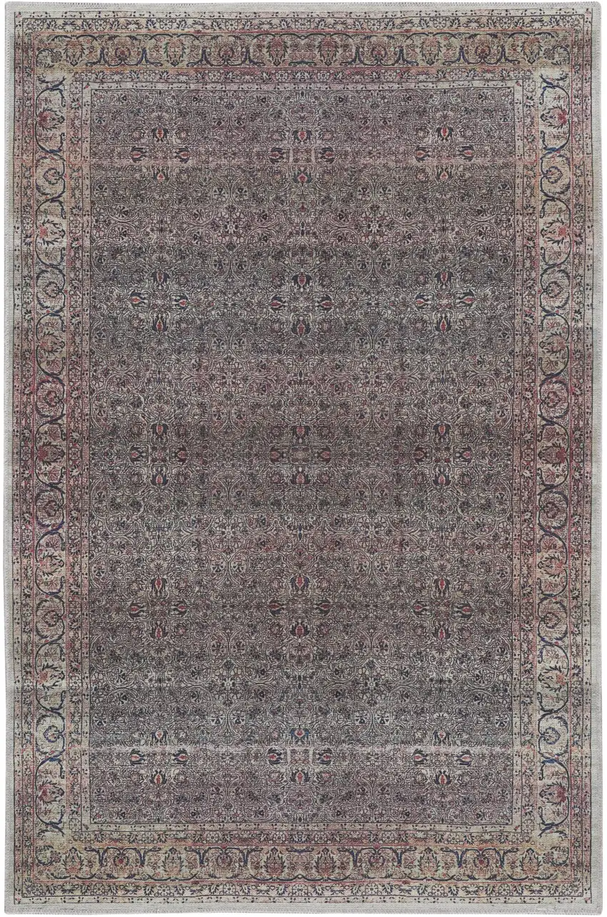 Ivory Blue and Gray Oriental Power Loom Distressed Washable Non Skid Area Rug Photo 1
