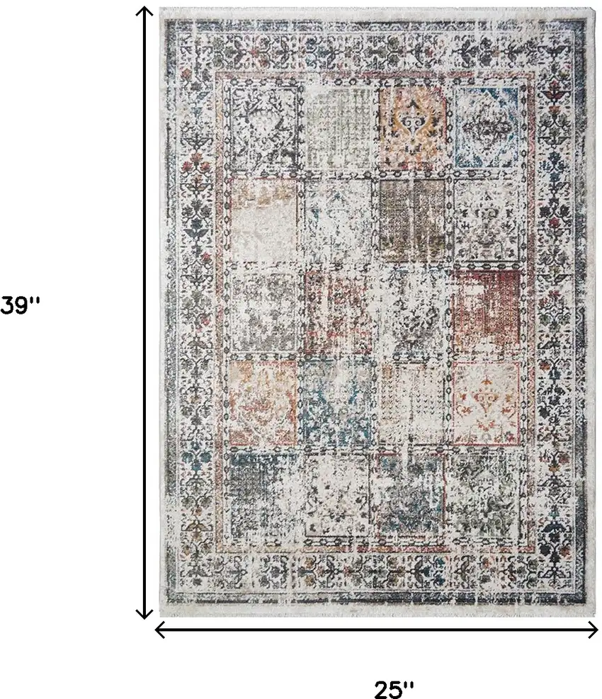 Ivory Blue and Gray Patchwork Distressed Area Rug With Fringe Photo 5