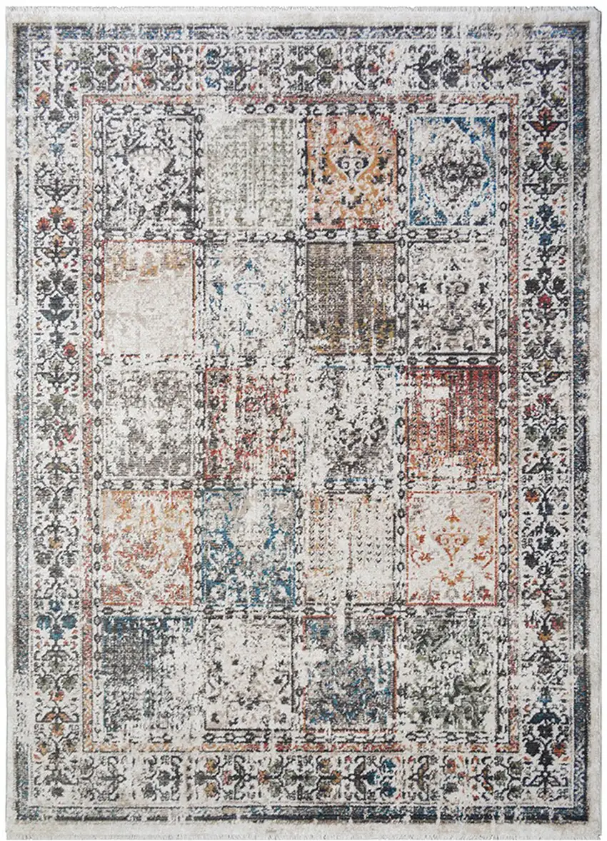 Ivory Blue and Gray Patchwork Distressed Area Rug With Fringe Photo 2